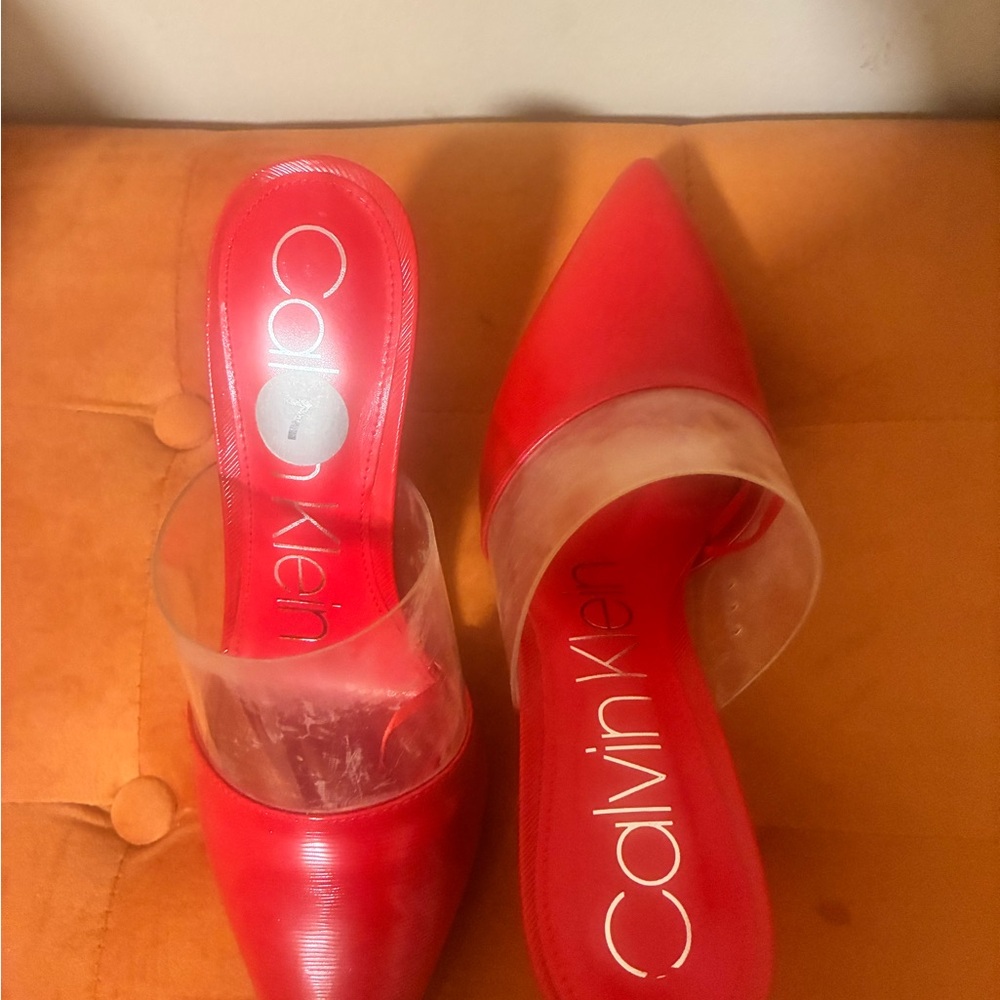 Calvin Klein Red Pointed Mule with Clear Band